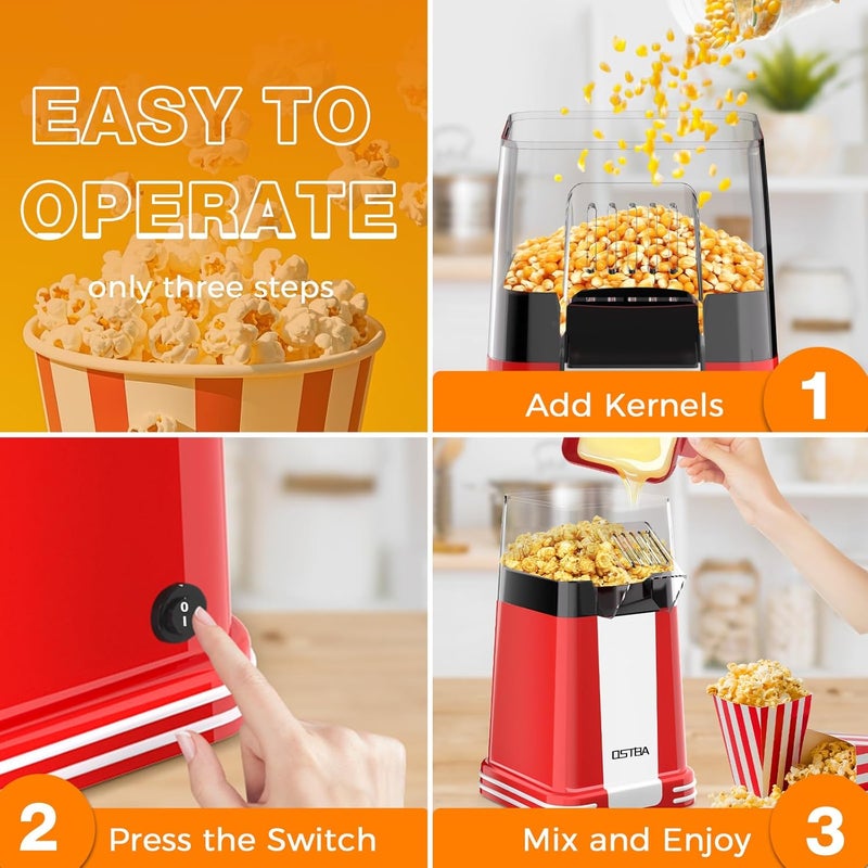 OSTBA Popcorn Maker, 1200W Mini Retro Air Popper Popcorn Machine, 12 Cups Hot Air Popcorn Popper Electric with Butter Tray, Oil-Free One-Button Control, Compact Design for Home & Gifts - Image 5